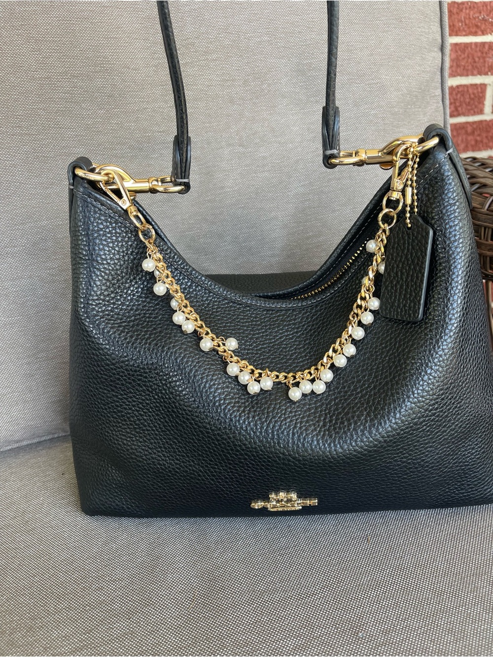 Coach Black Laurel Hobo Bag with Gold Chain & Pearls